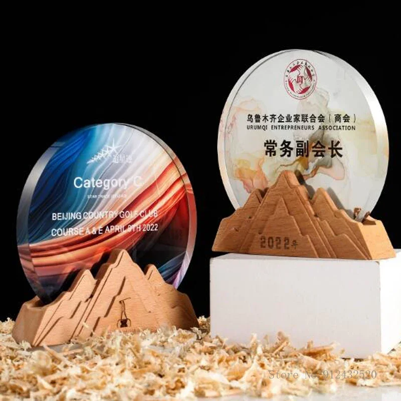 Customized Solid Wood Base Crystal Trophy, Honor Medal, Craft, Personality Can Becolor-printed, Excellent Staff, Home Decor, 1Pc