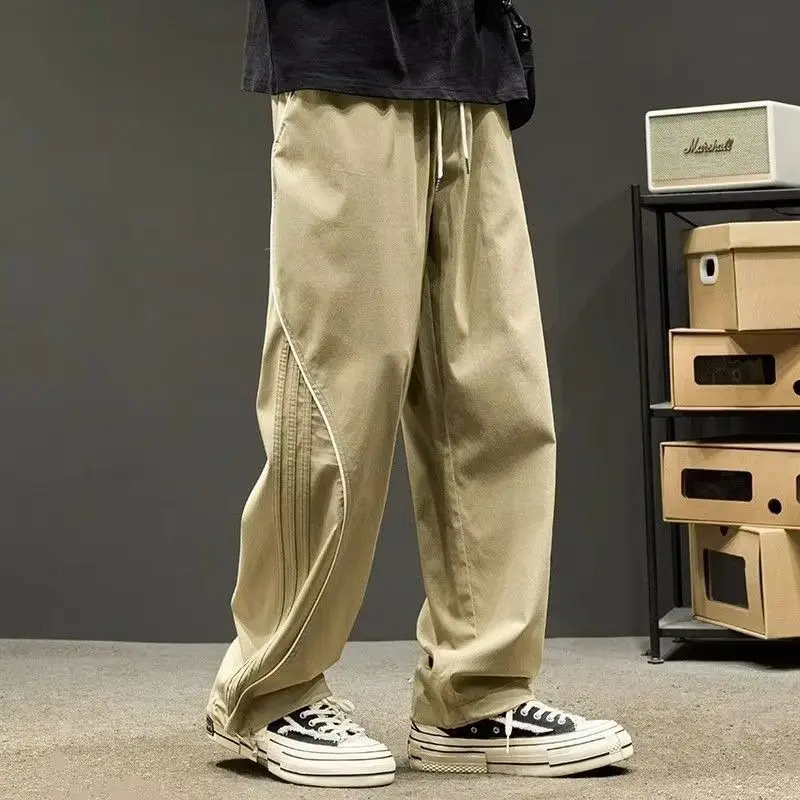 Japanese Fashion Trend Design Sense Straight Casual Pants Men Autumn Elastic Waist Drawstring Pocket Embroidered Sports Trousers
