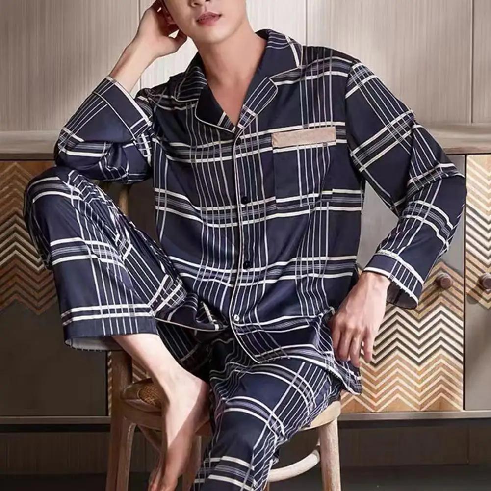 2 Pcs/Set Fall Winter Men Pajamas Set Striped Color Turn-down Collar Men Loungewear Single-breasted Elastic Waist Male Homewear