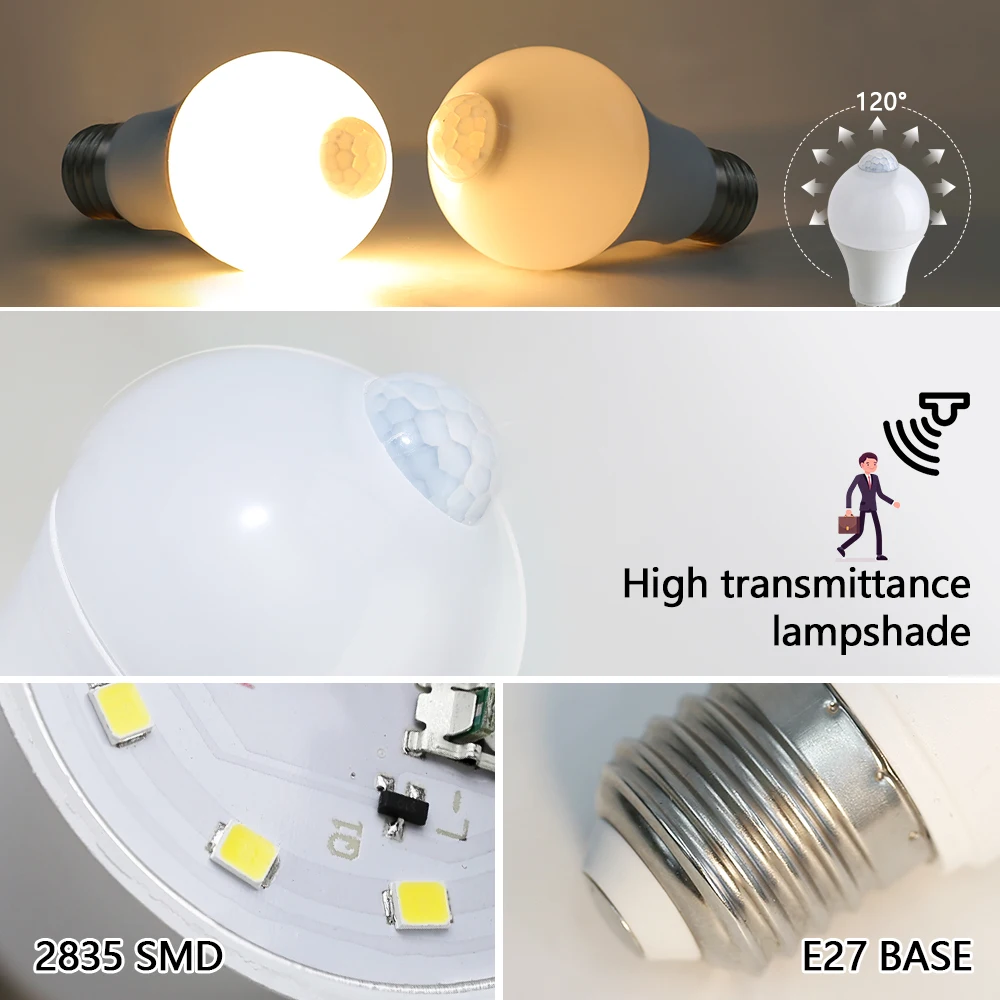 E27 B22 Ampoule LED PIR Motion Sensor Light Bulb 18W 15W 12W 110V 220V IP42  LED Wall Lamp Outdoor Porch Garage Pathway Lighting - AliExpress