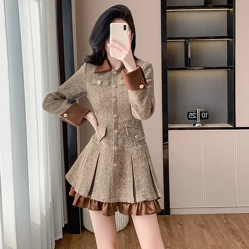 Khaki Tweed Dress for Women Autumn/Winter French Light