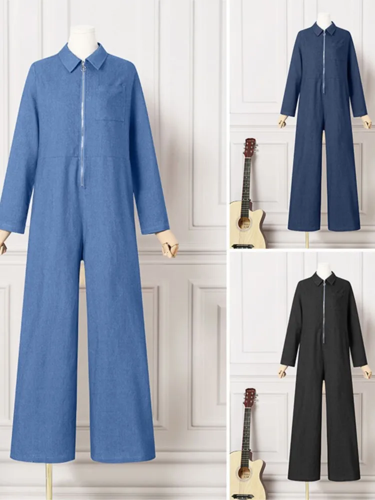 Fashion V Neck Long Sleeve Jumpsuit Women's Spring Autumn Casual Zipper Denim Jumpsuit Elegant Solid Female Office Jumpsuits