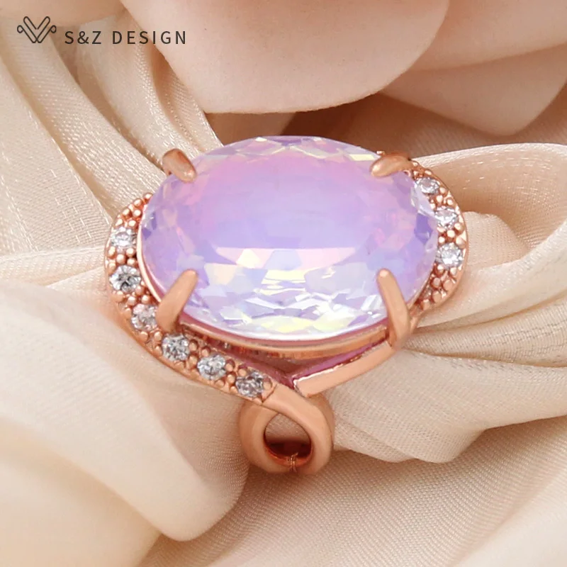 S&Z DESIGN New Fashion 585 Rose Gold Color Oval Egg Shape Crystal Rings For Women Wedding Cubic Zirconia Trendy Jewelry Gift