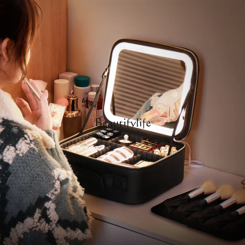 

Women's Cosmetic Bag LED Light with Mirror Makeup Fixing Artist Professional Box Portable Large Capacity Home Travel