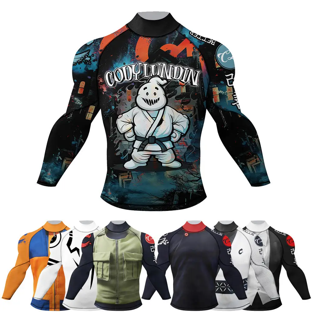MMA Rash Guard T-shirt with Anti-Slip Rubber Bottom Durable Jiu Jitsu Men Kimono Shirts for Boxing Sport BJJ Rashguard Clothing