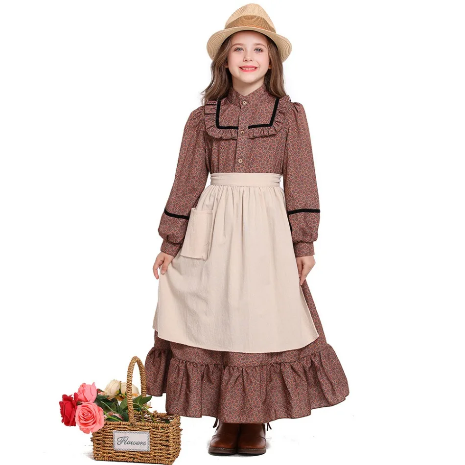 Girls Historical American Colonial Costume Tween Teens Brown Floral Victorian Medieval Dress Maid Long Dress With Apron PS66 - 4