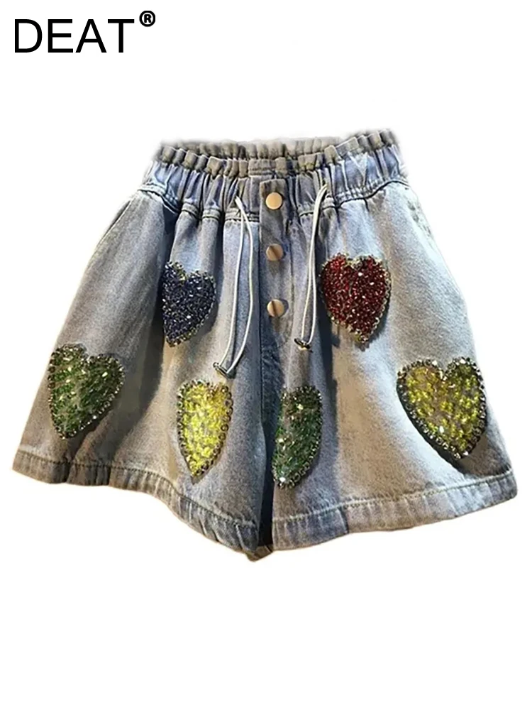 Pleated denim shorts with multi-colour embellished hearts