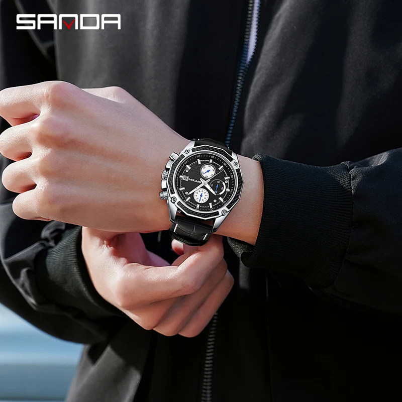 2023 SANDA New Quartz Watch Belt with Three Eyes and Six Needles Fashion Trend with Calendar Men's Fluorescent Quartz Watch 5301