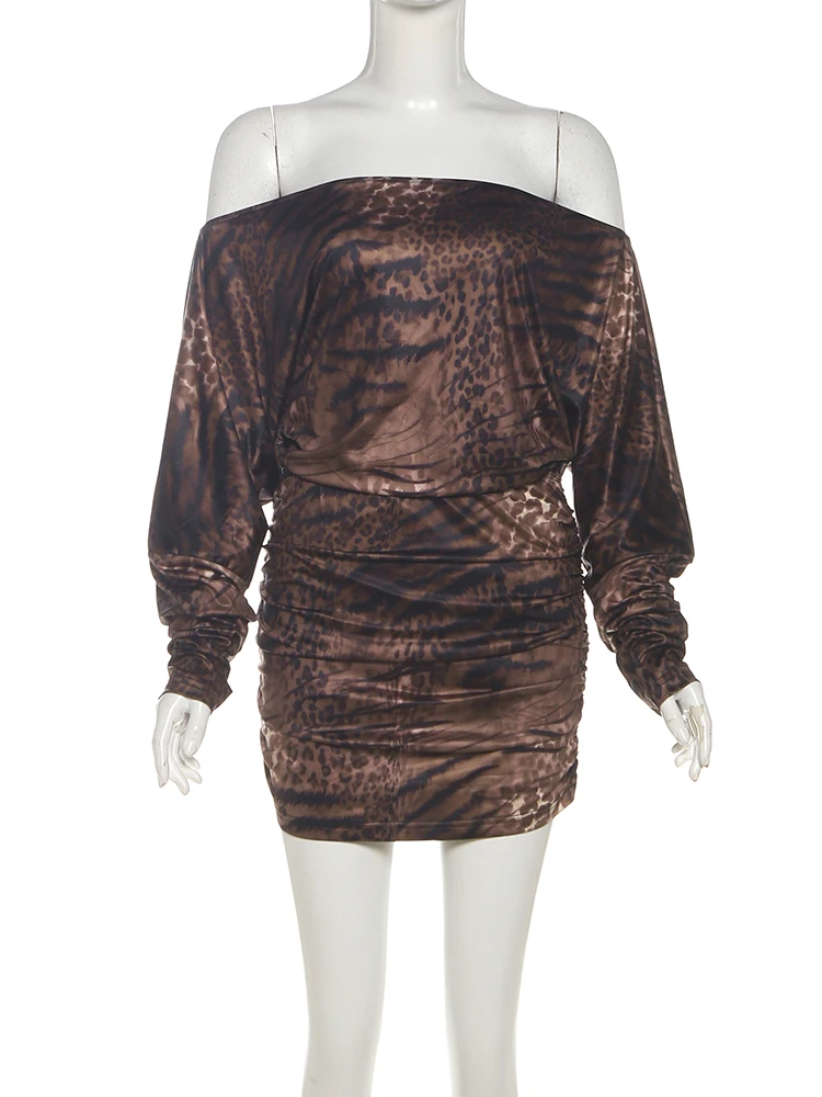 ibber Leopard Print Dress Women One-Shoulder Lantern Sleeve Folds Skinny Sexy Midnight Beach Party Hipster Chic Mini Bodycon