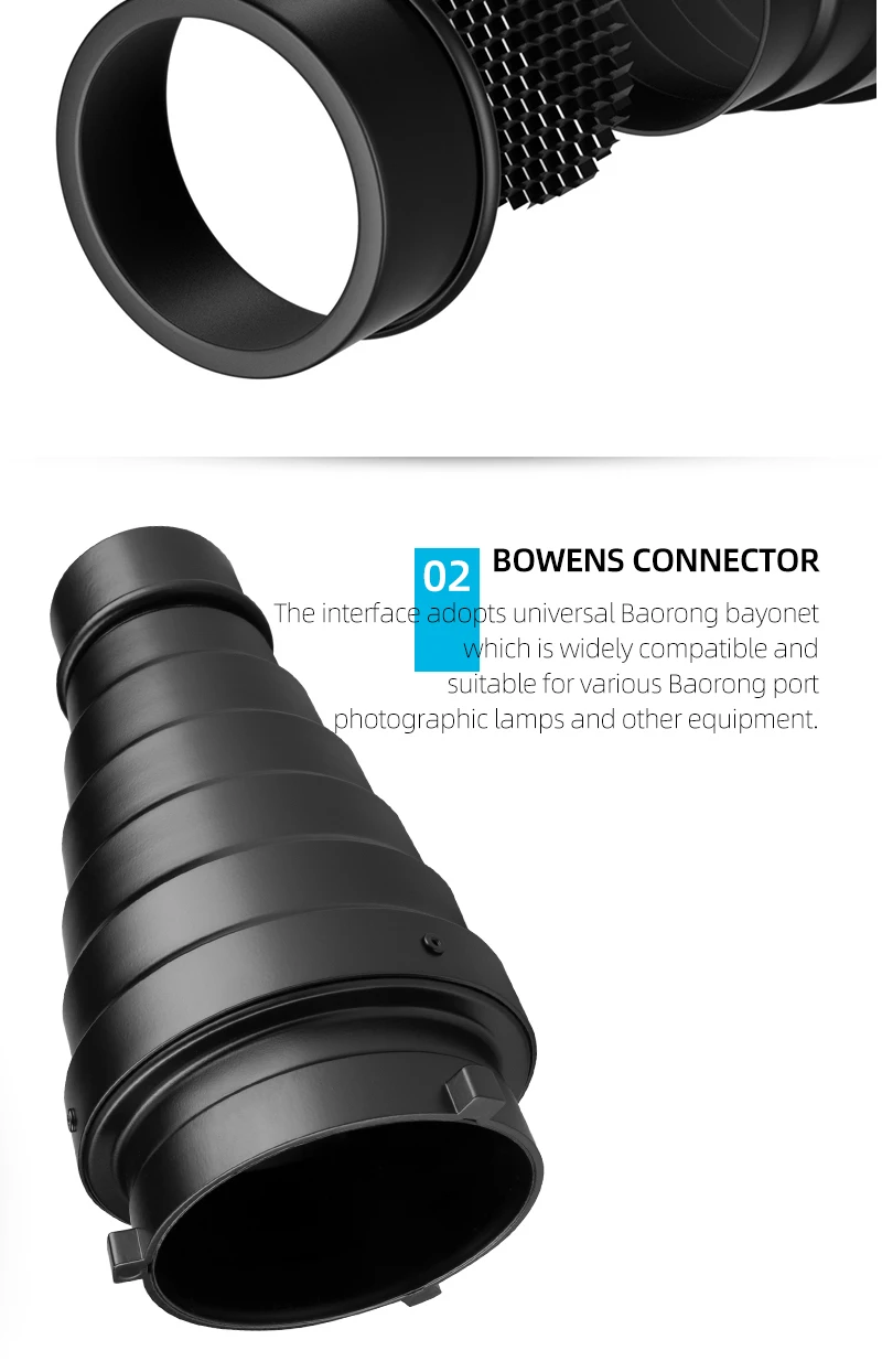 GODOX Bowens Mount Snoot mit Wabengitter & 5 Filtern - Konischer Metall-Lichtmodifikator für Studioblitz-Stroboskopfotografie – Detail 5