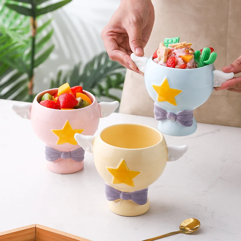 

Creative Glass Cup with High Value Ceramic Ice Cream Cup, Milk, Fruit, Salad and Coffee Cup, Lovely Girl Mark Cup INS Gift