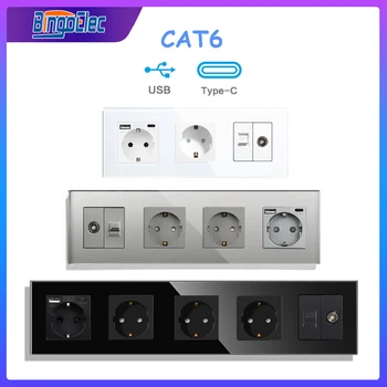 TV CAT6 USB 소켓 콘센트, EU 표준 벽 소켓, C 타입 인터넷, Rj45 네트워크 커넥터, 유리 패널, 홈 개선