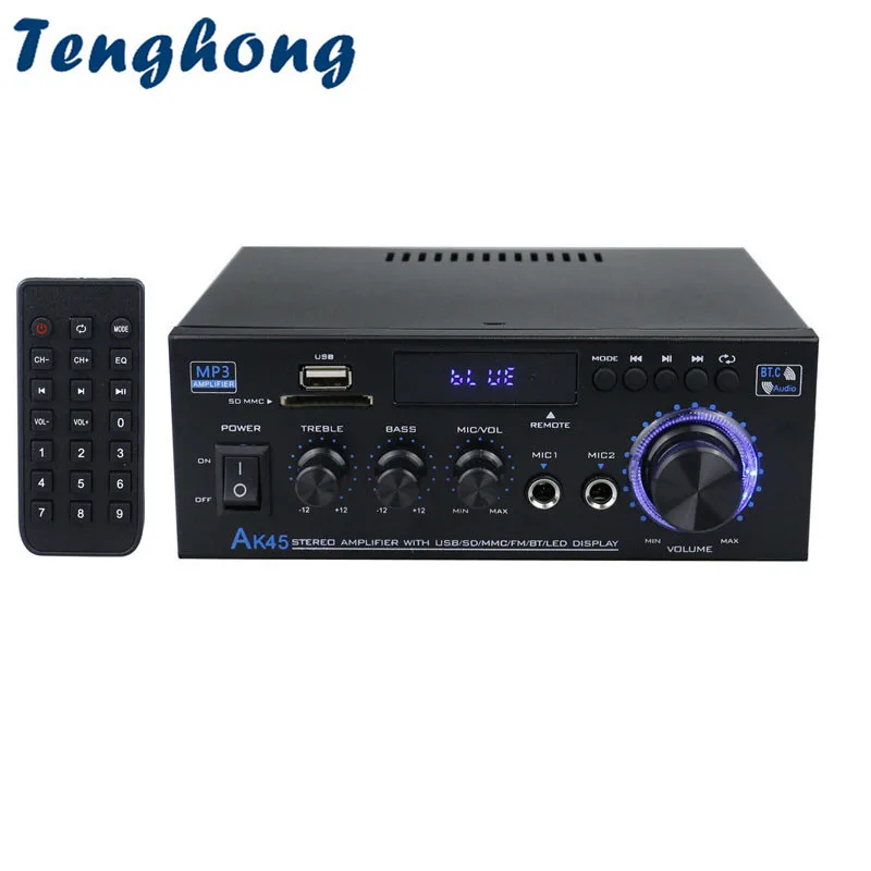 

2-канальный усилитель мощности Tenghong, Bluetooth 5,0, мини-усилитель звука AK45, Hi-Fi Цифровой стерео, поддержка FM, USB, SD, микрофонный вход