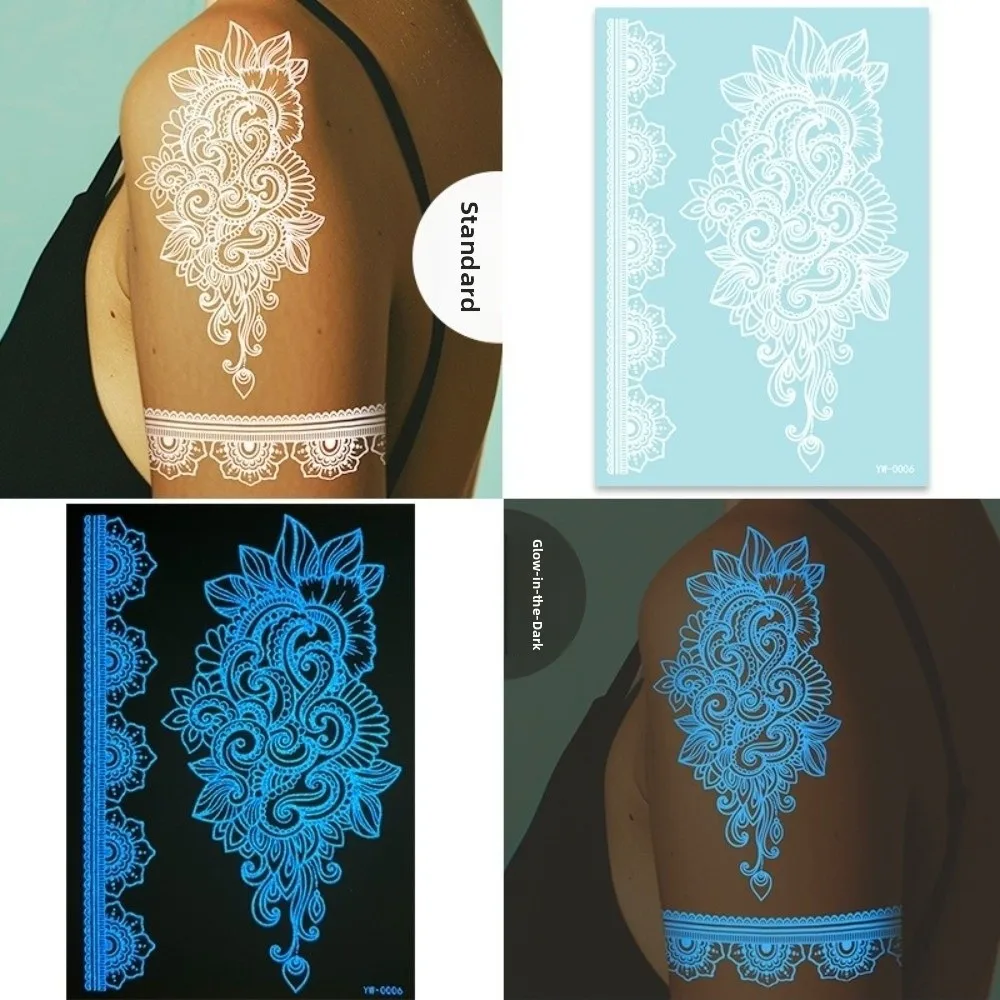 6 Sheets Blue Luminous Henna Tattoo Stickers Lasting Sweatproof Mandala Temporary Tattoos White Body Art Lace Fake Tattoos Arm