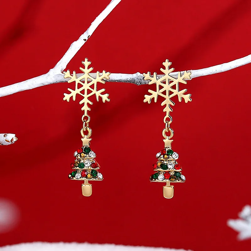 New Year Christmas Snowflake Bell Stud Earrings For Women Girls Xmas Tree Bowknot Tassel Dangle Asymmetry Earring Jewelry Gift