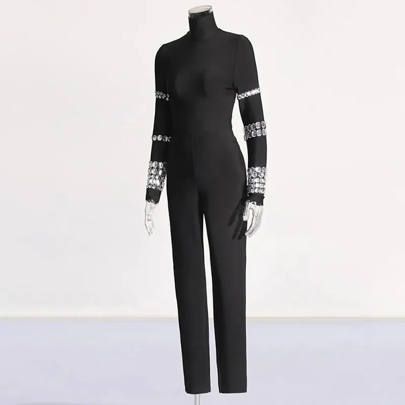 BPN Streetwear Patchwork Diamonds Jumpsuits For Women Stand Collar Long Sleeve High Waist Solid Slimming Jumpsuit Female Fashion