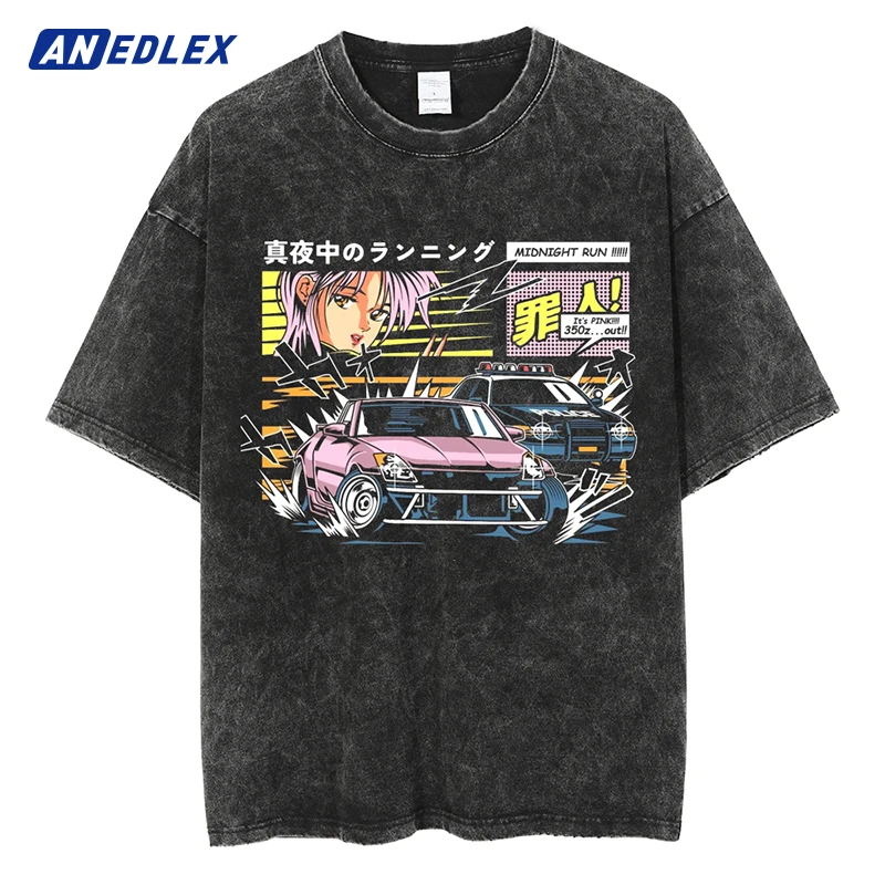 

Men Black Tshirt Oversized Letter Cartoon Girl Graphic Print T-shirt Hip-Hop Streetwear Cotton Washed Short Sleeve Vintage Tops