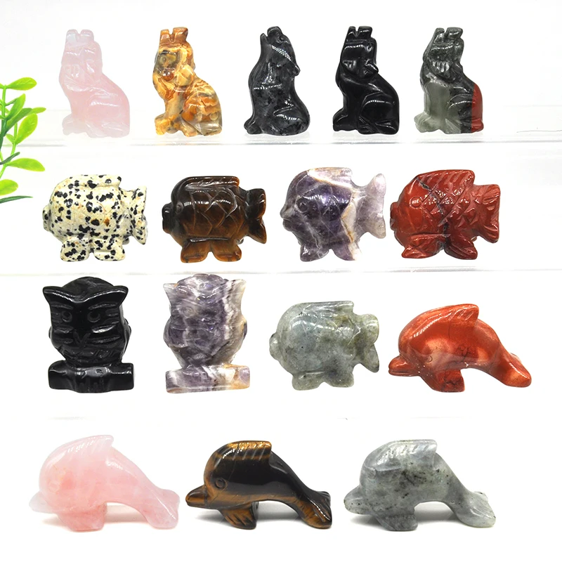 Owl Wolf Fish Dolphin Animal Statue Natural Healing Crystal Stone Carving Gemstone Figurines Furnishing Home Decor Wholesale