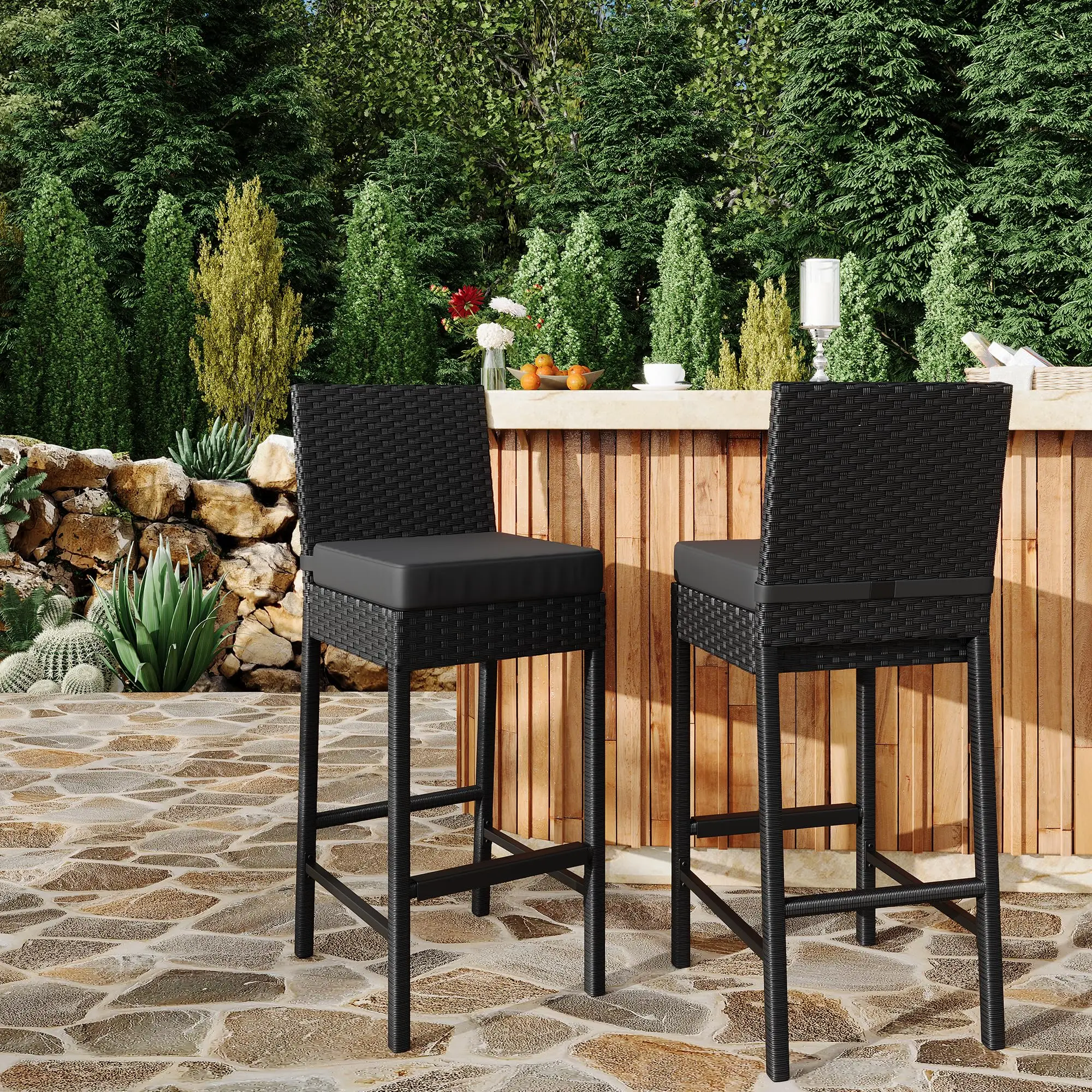 Patio Wicker Barstools With Cushions, Outdoor Wicker Bar Stools Set of 2, Outdoor Rattan Bar Height Stool Set Armless for Backya