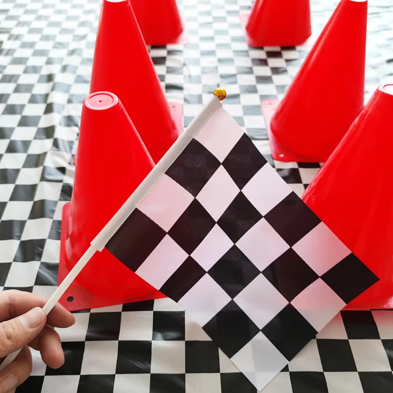 Racing Car Party Decor 7" Mini Traffic Cones and Black and white Checkered Flag Kids Race Car Theme Birthday Party Supplies 5-50