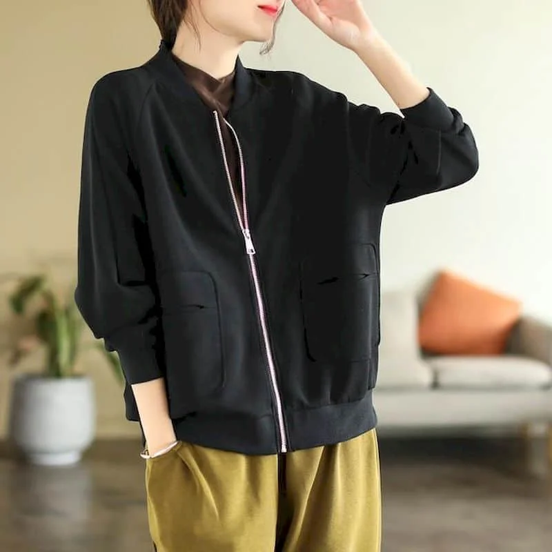 thumbnail image 1 of Chaquetas para mujer Ropa Moda coreana Chaquetas de béisbol holgadas de gran tamaño Cárdigans sólidos Abrigos de manga larga con cremallera Tops de mujer, 1 of 5