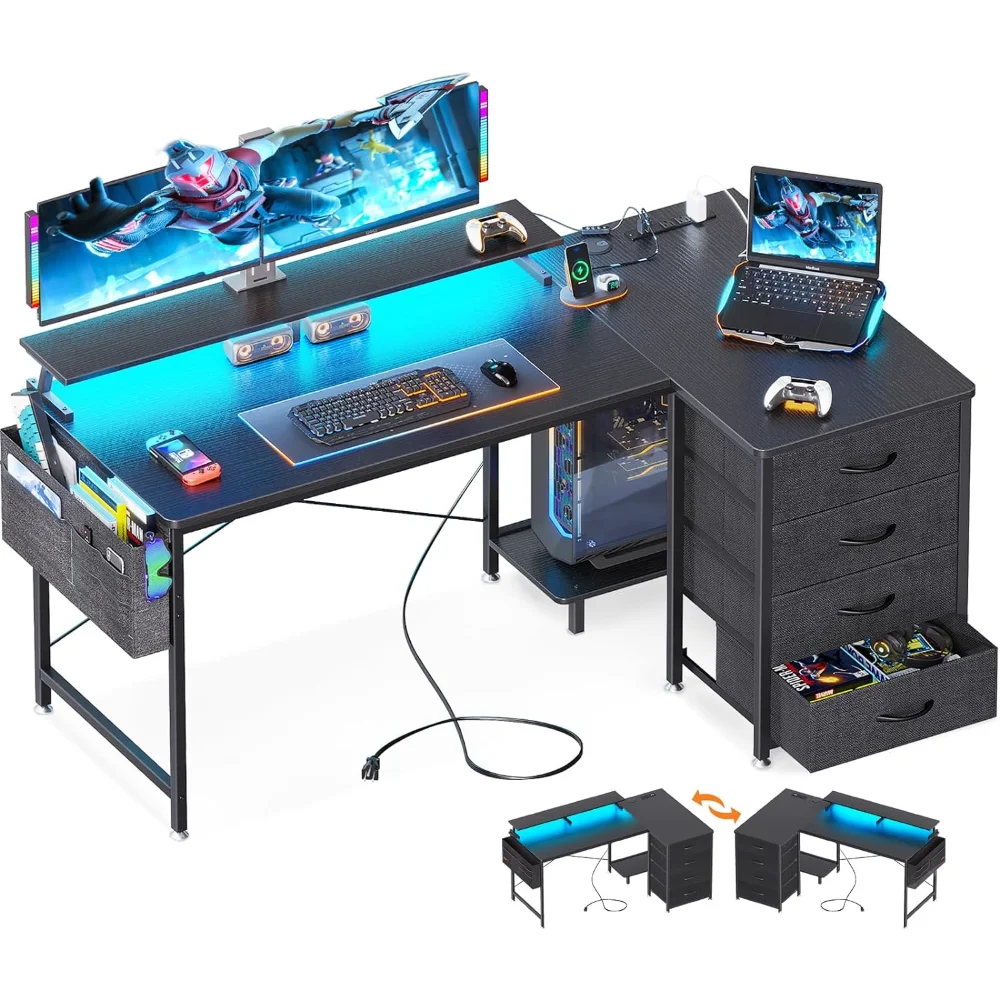 

55" Reversible L Shaped Computer Desk with 4-Tier Fabric Drawers, Gaming Desk with LED Lights & USB Power Outlets & Charging