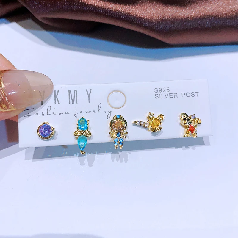 MIGGA 5pcs Fairy Cute Small Princess Stud Earrings Set for Women Girls Gold Color Cubic Zircon Jewelry 5