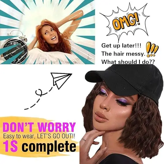 Short Wave Baseball Cap Wig with Curly Hair Extension Synthetic Wave Wig Hat for Women Adjustable Brown Black Baseball Hat Wig