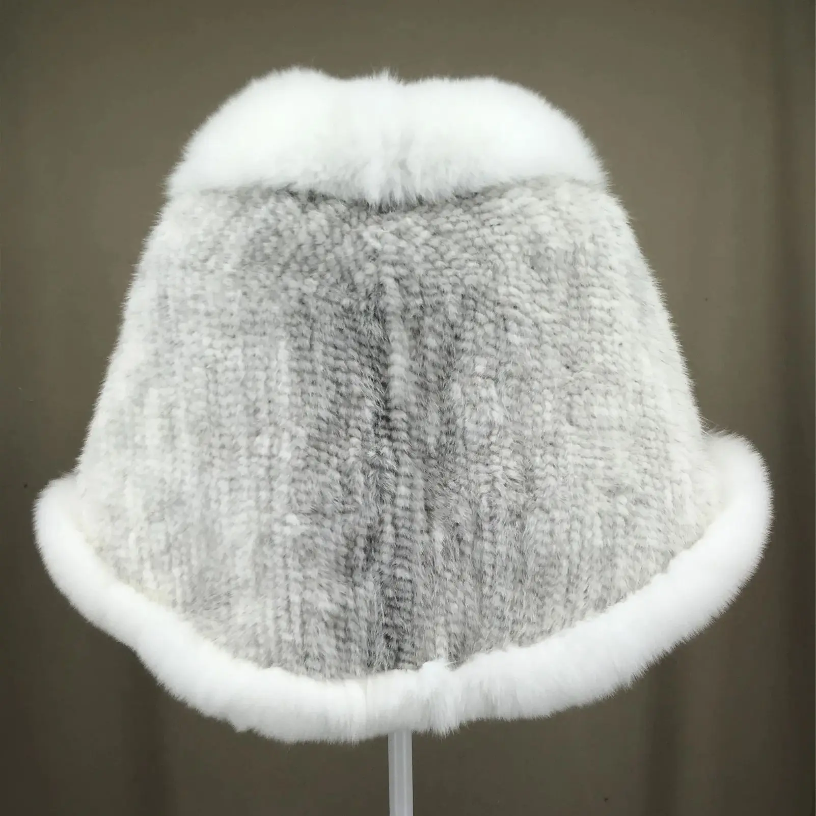 Women Real Mink Fur Knitting Shawl With Fox Fur Trimming Front