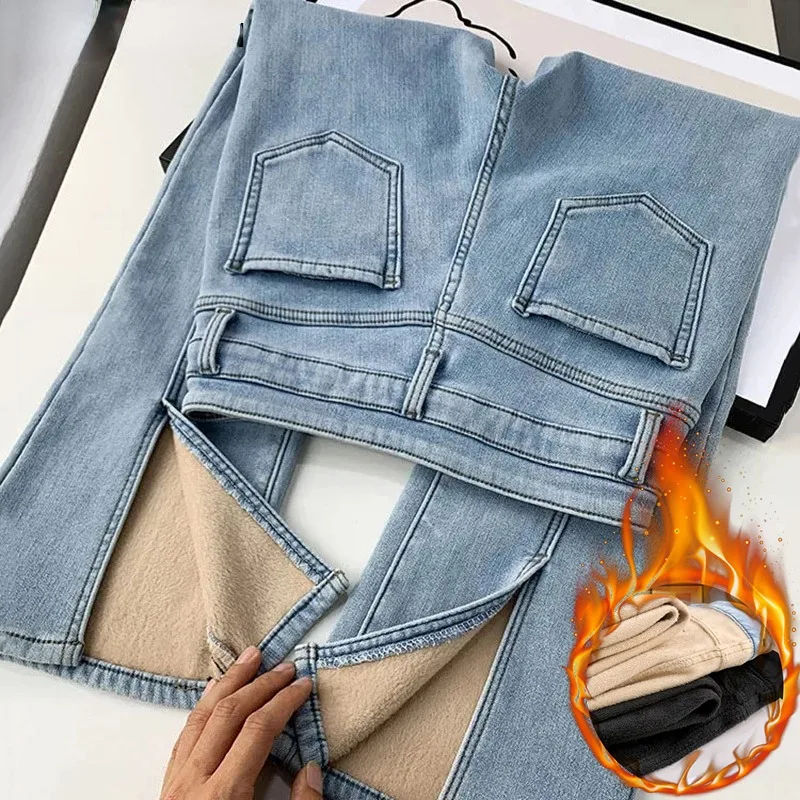 Women's High Waist Plus Velvet Slim Split Flare Denim Pants Korean Stretch Vaqueros Winter Thicken 101-103cm Long Skinny Jeans plus size 5xl thicken winter jeans women button fly high waist plus velvet skinny denim pants plush warm stretch pencil vaqueros