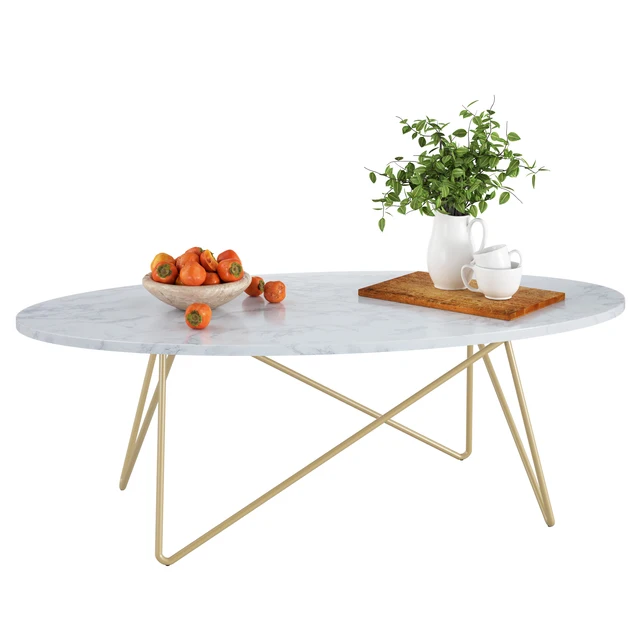 Getone Table Basse, Table de Salon Effet Marbré, Ovale Table Canapé en Bois et Métal, Table d'Appoint pour Salon, Style Moderne, Blanc 120x60x41cm 1