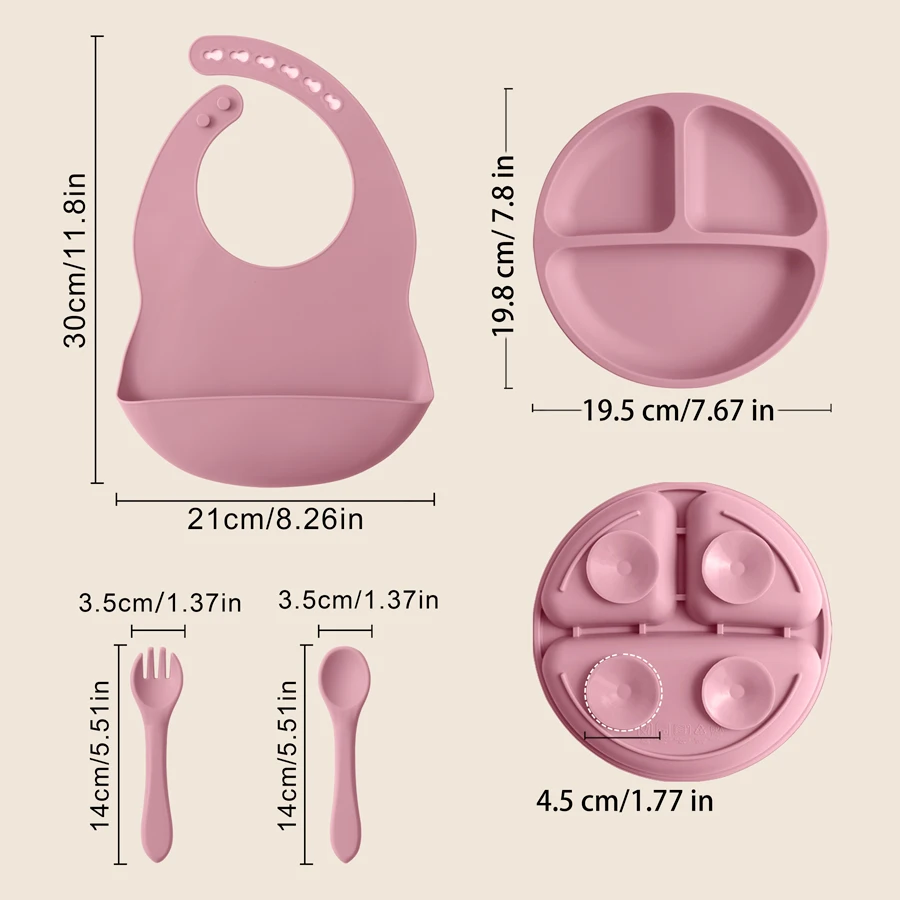 4PCS Baby Silicone Tableware Sets Contrasting Colors Dining Sets Suction Plate Waterproof Bib Portable Baby Spoon Fork 6