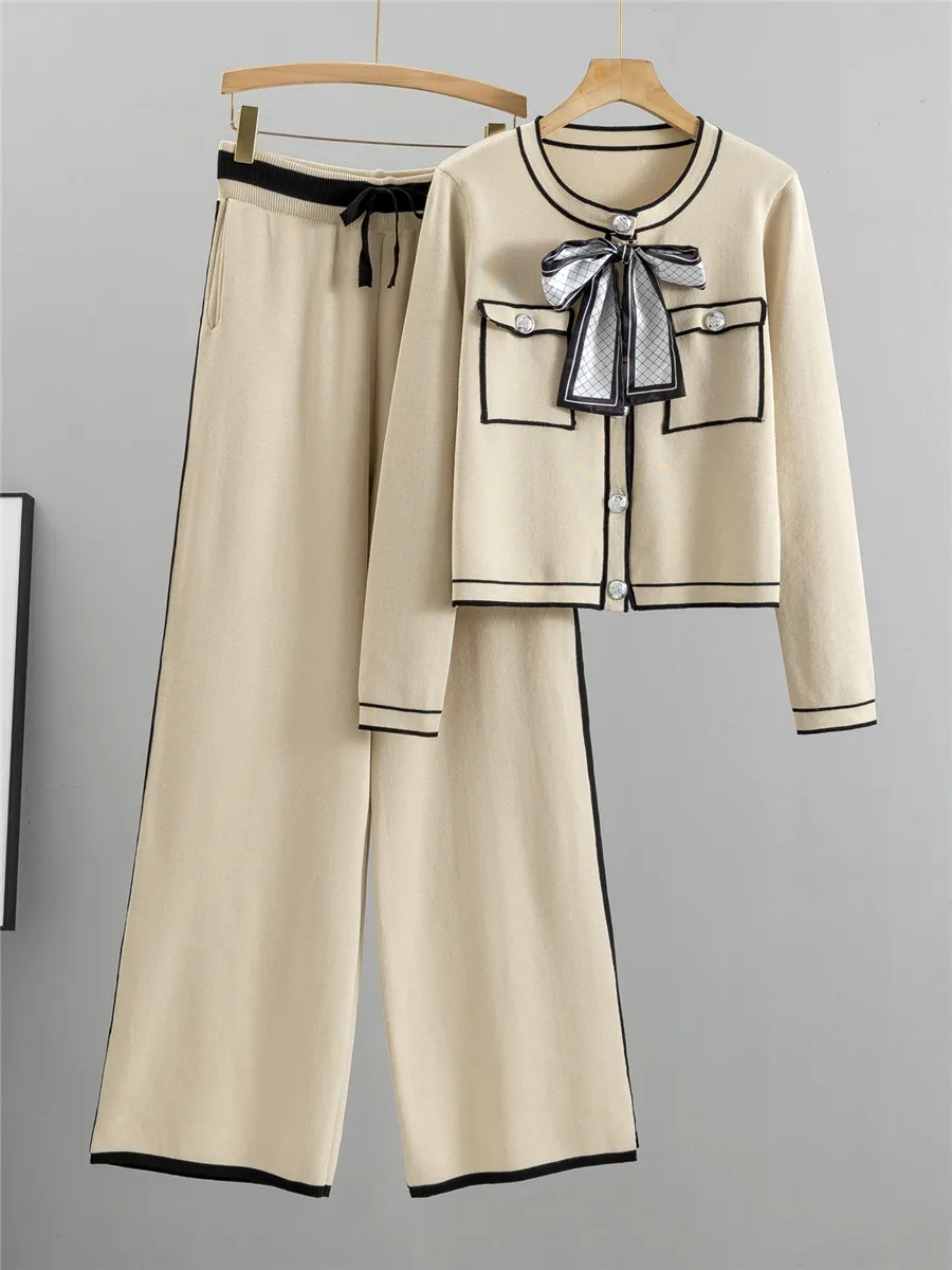 Conjunto de 2 piezas de punto para mujer, cárdigan corto con cuello redondo, Tops coreanos, pantalones de pierna ancha de cintura alta, 2024