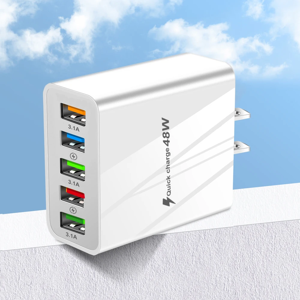 48W USB Charger Fast Charge QC 3.0 Wall Charger Adapter For iPhone 14 13 Samsung Xiaomi Mobile Phone Charger 5 Ports EU US Plug