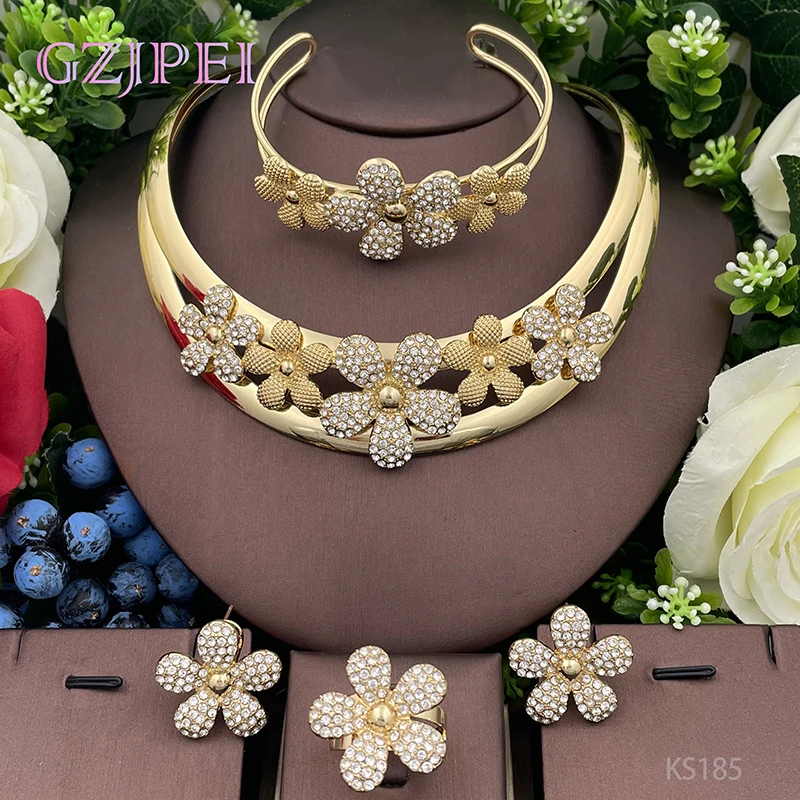 

Gold Color Jewelry Sets For Women 18K Gold Plated Dubai Jewelry Necklace Earrings Ring Bracelet For Wedding Party