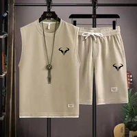 2024 Men's Waffle Summer Sets Casual T-Shirt+Shorts Set Male Sports Suit Solid Color Tracksuit Loose Suits 1