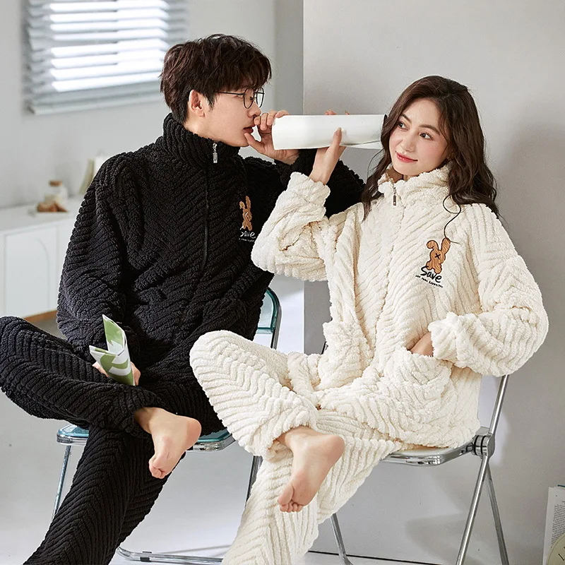 Zipper Flannel Sleepwear Winter Men and Women Matching Homewear Sporty Fashion Pajamas Set for Couples Youth Girl Boy Nightwear
