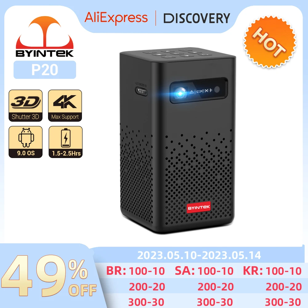 BYINTEK P20 휴대용 3D DLP 스마트 안드로이드 9.0 OS, 1080P WiFi 미니 LED 프로젝터 4K, 스마트 ...