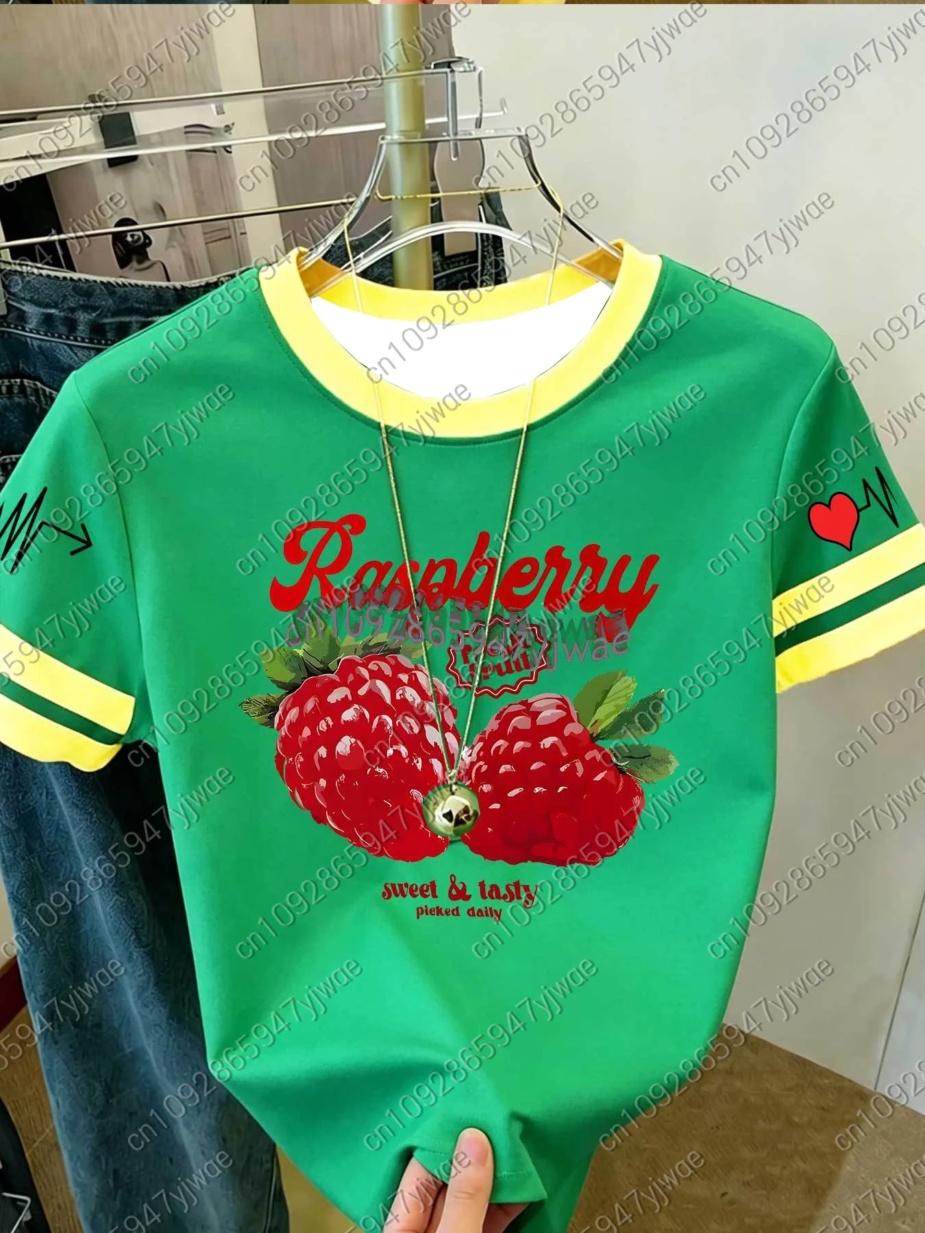 2026 Womens Short Sleeve Color-Block Fresh Raspberry Print Y2k T Shirt Girl Round Neck Tee Outdoor Sports Adult Women's T-Shirt 2