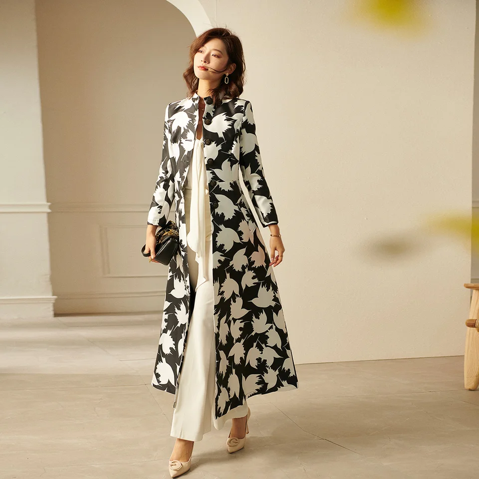 ジャケット・アウター GRANCY Patterned Long Trench Coat Luxury Trench Women Autumn Winter Jacquard Coat Houndstooth Long