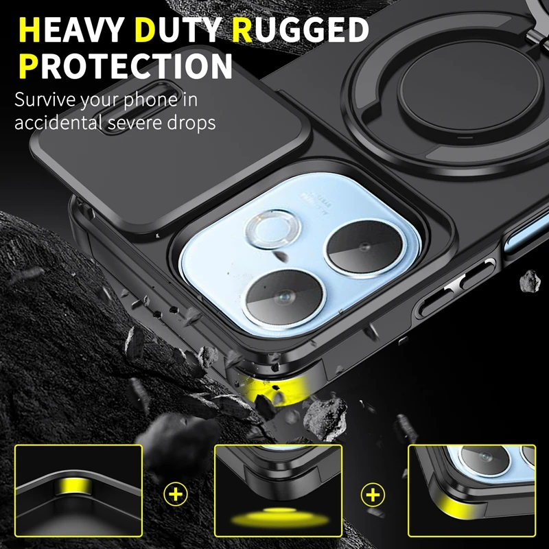 Slide Camera Lens Armor Phone Case with Magnetic Holder Ring and Protective Cover
