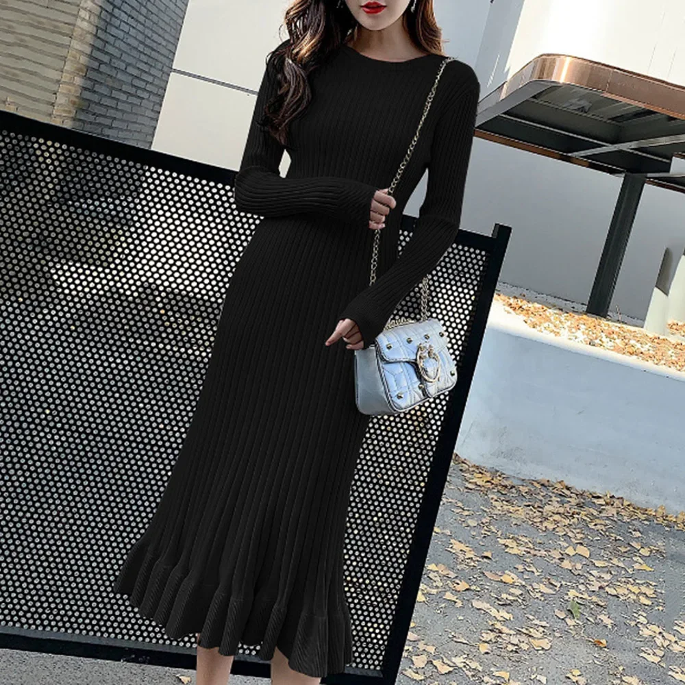

Elegant Women Sweater Autumn Winter Long Sleeve Midi Dresses Pullovers Black Vestidos 2021 Fashion Sexy Pleated Knitted Dress