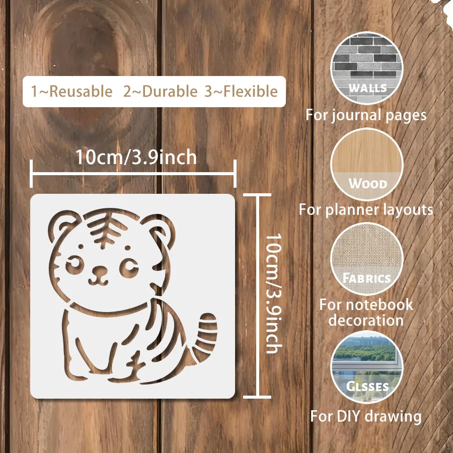 12개 3.9 X 3.9인치 귀여운 동물 스텐실 세트 재사용 가능한 페인팅 템플릿 DIY 저널 벽 나무 패브릭 공예 아늑한 동물 아트용