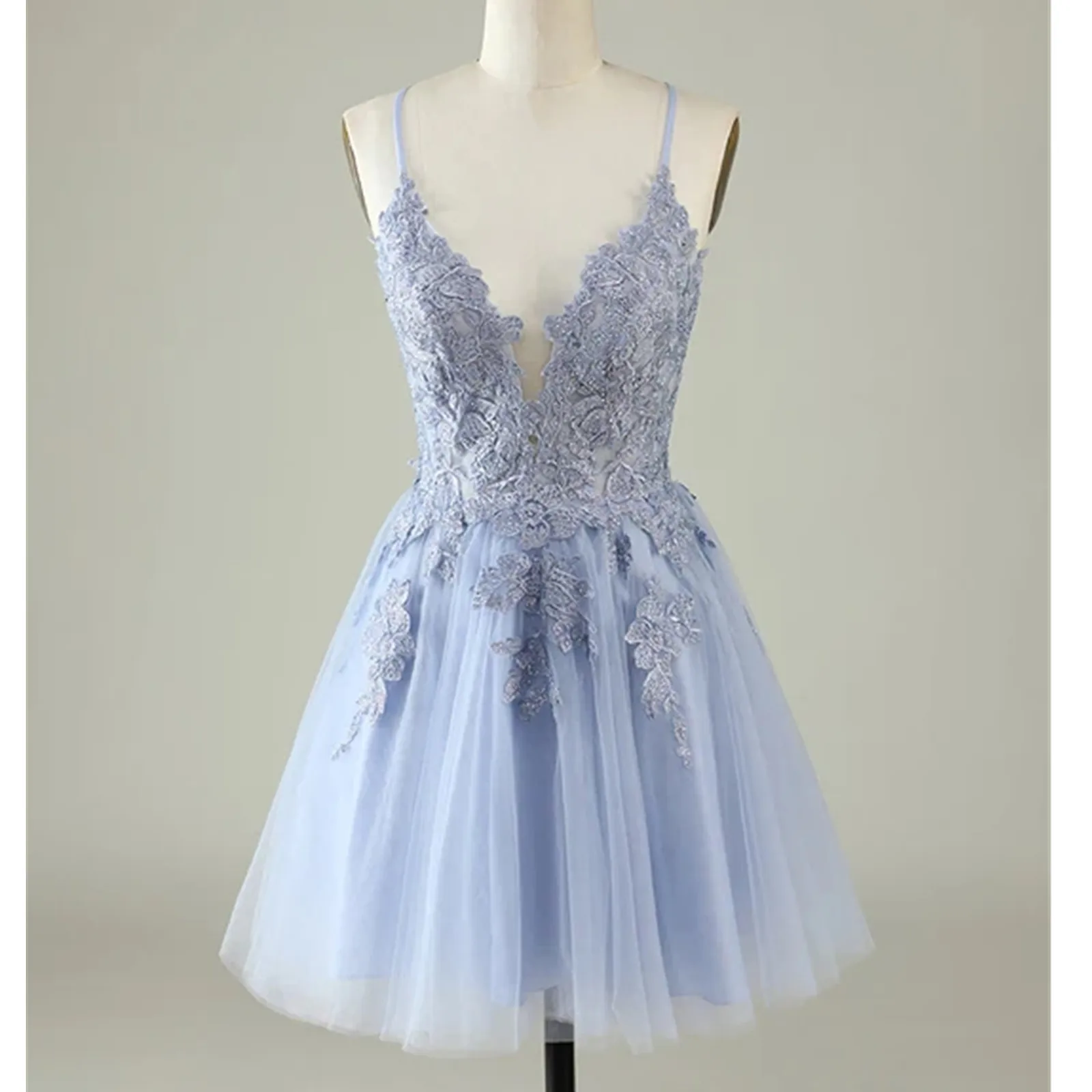 

Light Blue Spaghetti Strap Short Homecoming Dresses for Teens Chiffon Lace Appliques Juniors Prom Dresses