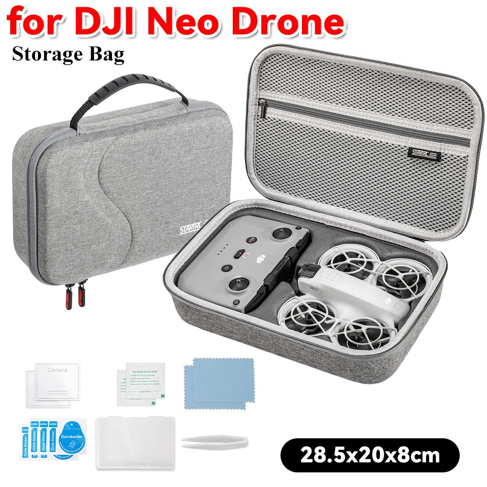 Drone DJI Neo rangé dans son sac de transport étanche, mousse intérieure ajustée, protection anti-poussière et choc