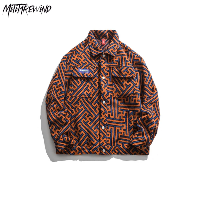 

Japanese Casual Print Single Breasted Jackets Men Clothing Turn Down Collar Loose Oversized Print Graphic Pocket Streetwear Coat