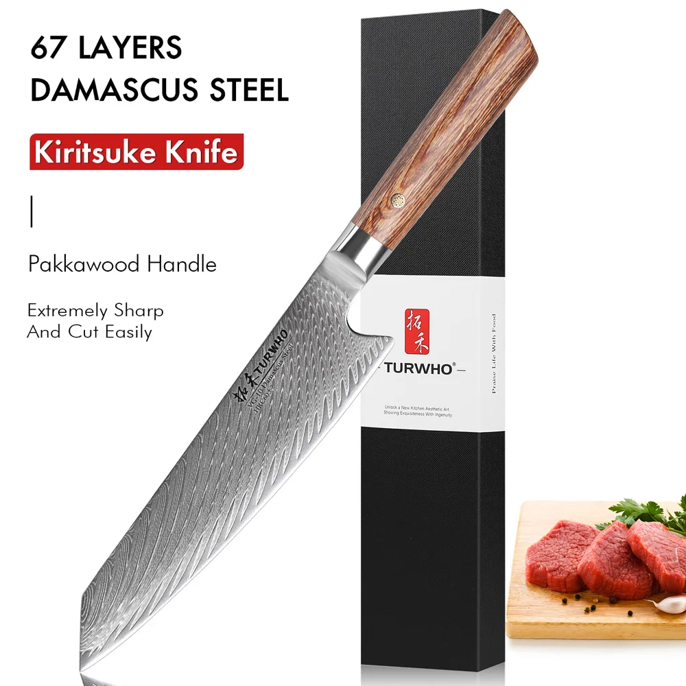 

8-дюймовый японский кухонный нож TURWHO Kiritsuke, Ручная ковка, дамасская сталь, поварские ножи, острый нож ручной работы, нарезка, инструменты для готовки