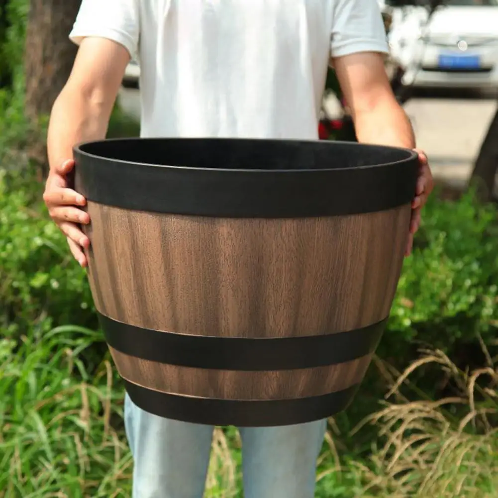Flowerpot Imitation Barrel Resin Flowerpot Creative Plastic Whiskey Barrel Shape Large Green Planting Pot Flowerpot Home Decor