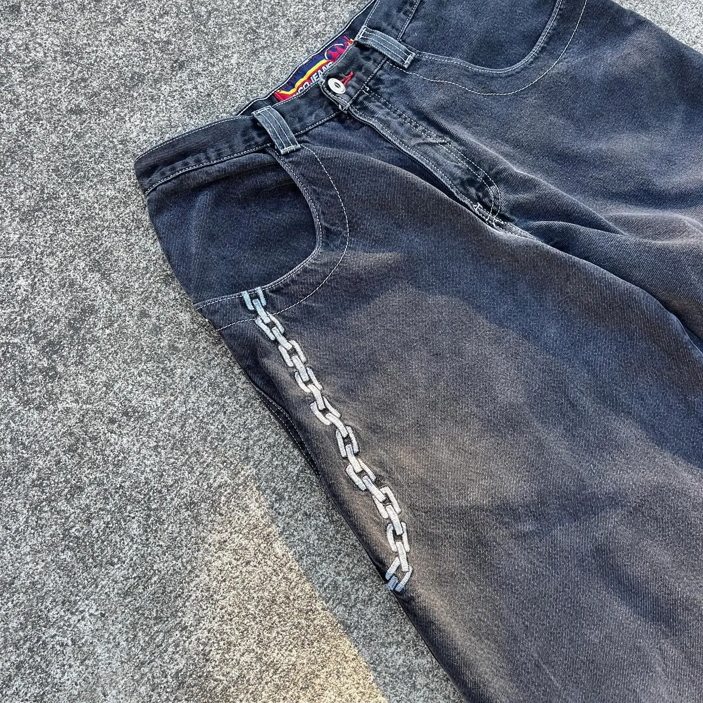 JNCO New Jeans Harajuku Retro Hip Hop Letter Embroidery Baggy Jeans Black Denim Pants Men Street Gothic Wide Trousers Streetwear