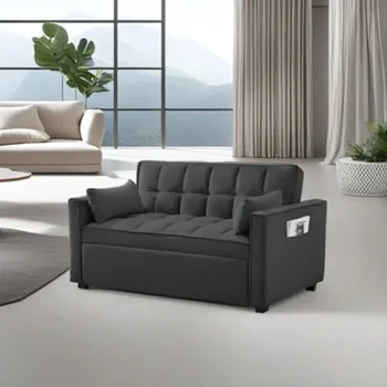 55.2'' Loveseat, Reversible Sleeper Pockets & Toss Pillows, Velvet Pull Chaise, 2-seat Fabric Convertible Sofa Bed, Black 2